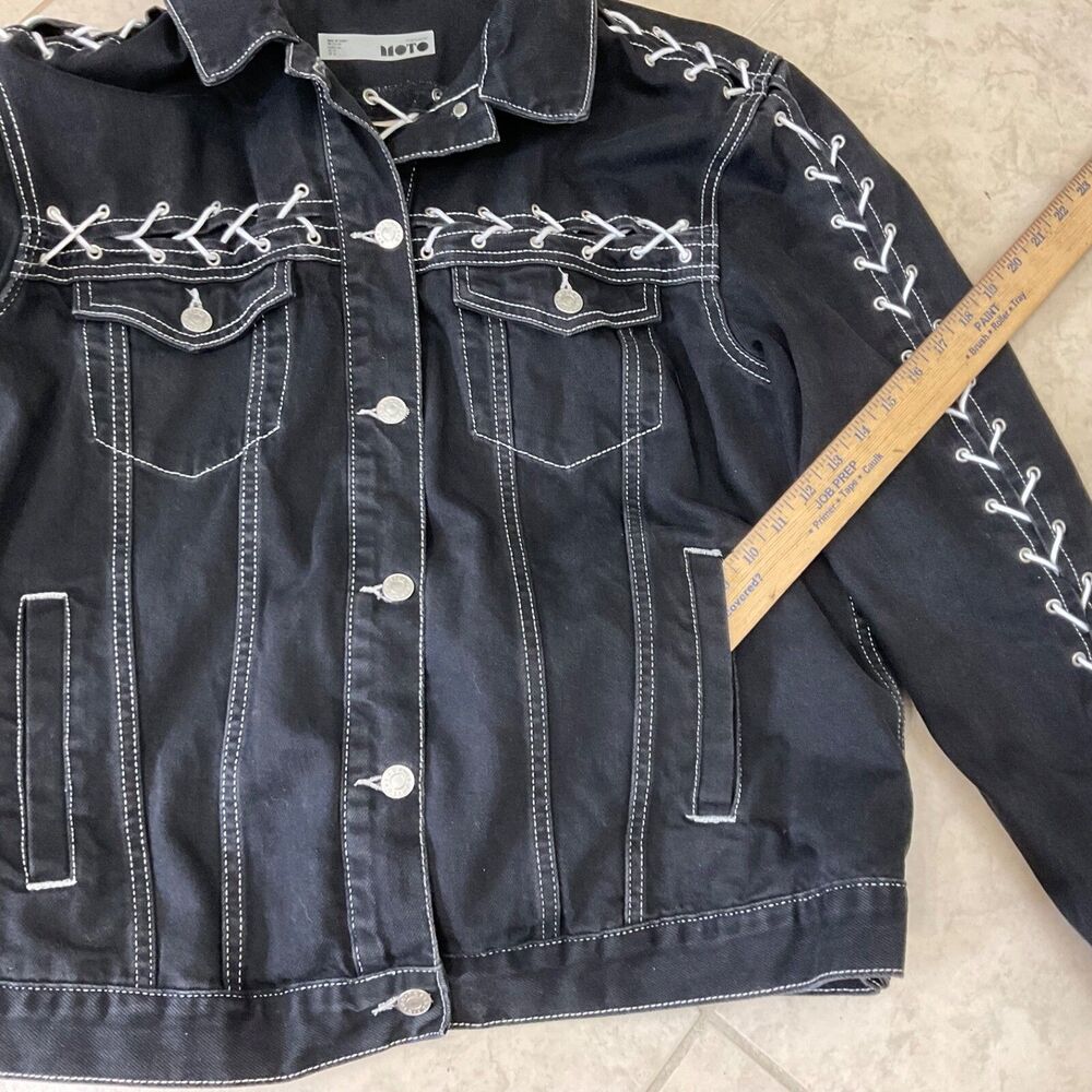 Topshop Moto Denim Jacket Lace Up Details Pockets wms. Size 12 Black Lace detail - Picture 13 of 15